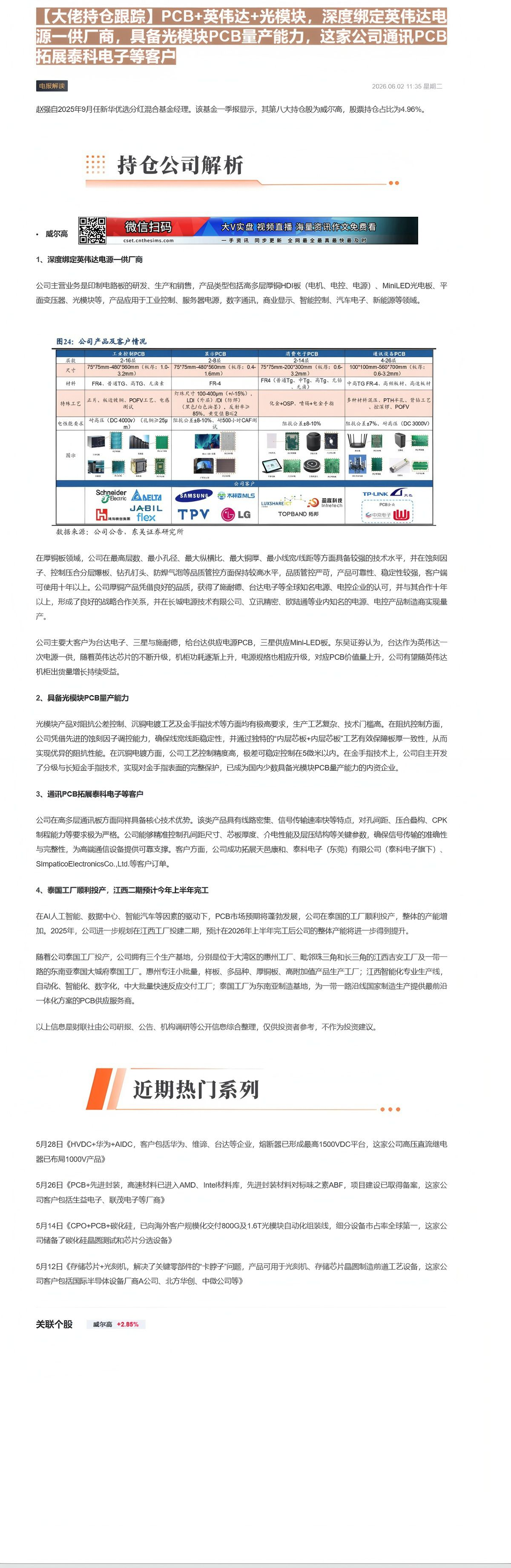 【财联VIP专栏】【大佬持仓跟踪】PCB+英伟达+光模块，深度绑定英伟达电源一供厂商，具备光模块PCB量产能力，这家公司......