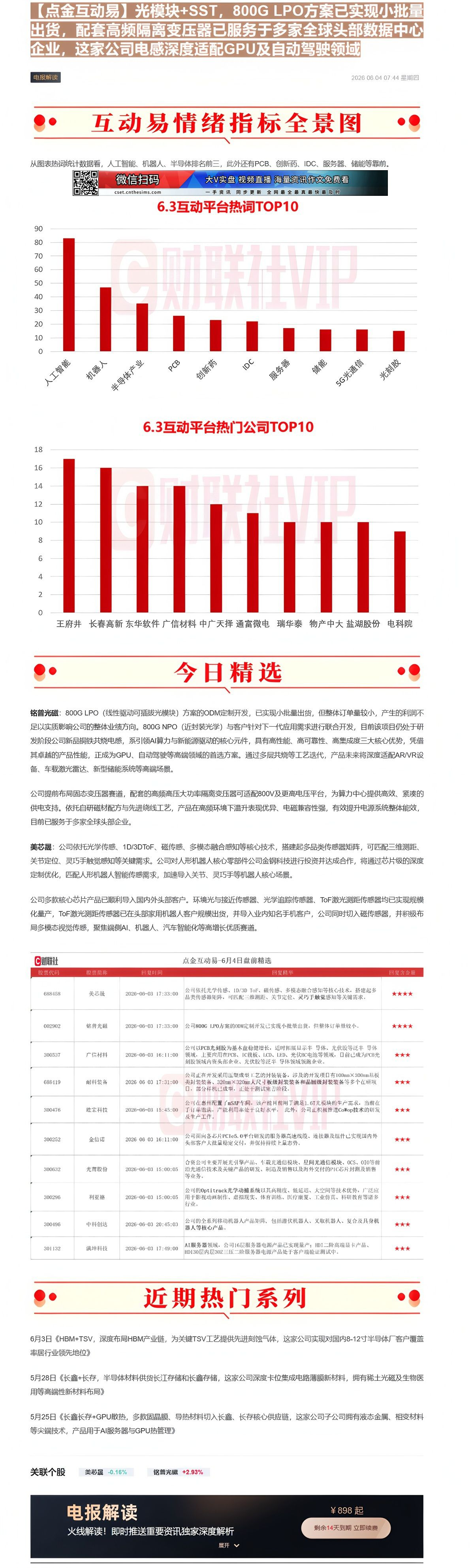 【财联VIP专栏】【点金互动易】光模块+SST，800G LPO方案已实现小批量出货，配套高频隔离变压器已服务于多家全球......
