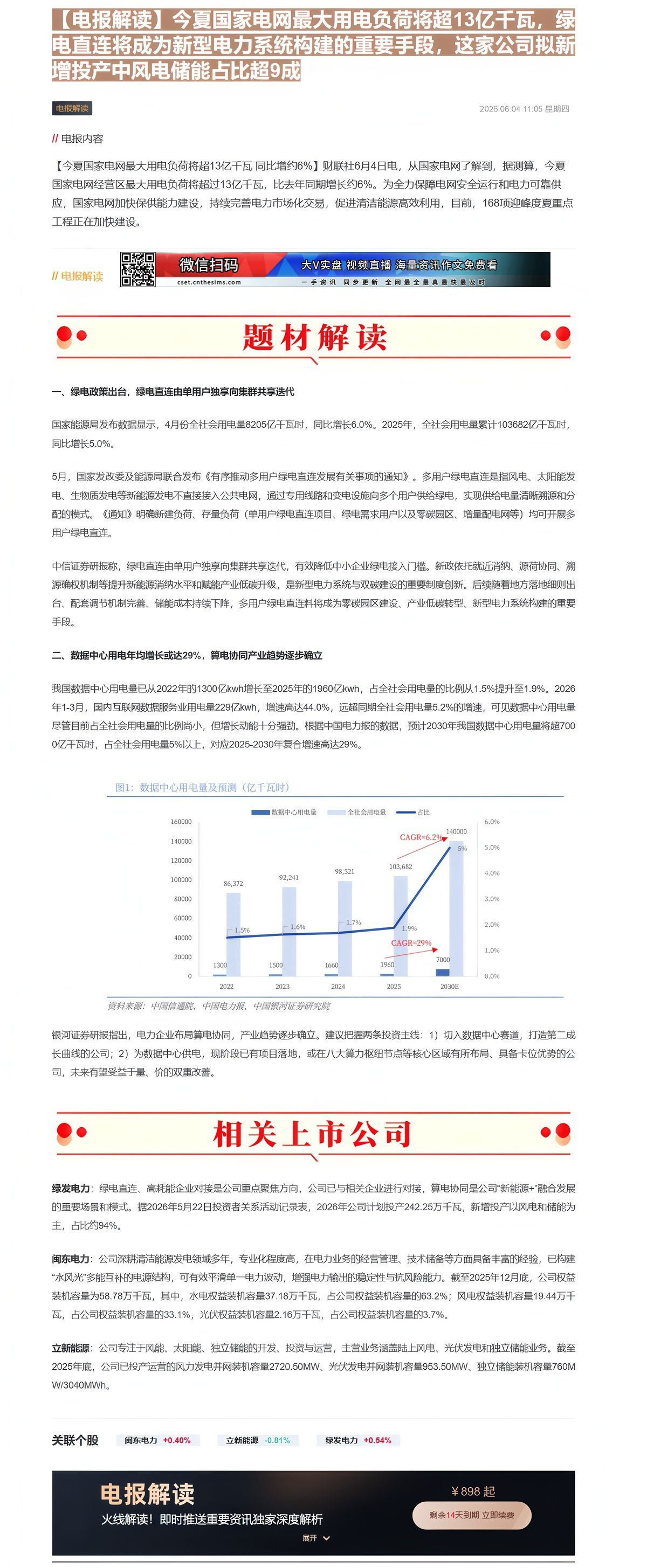 【财联VIP专栏】【电报解读】今夏国家电网最大用电负荷将超13亿千瓦，绿电直连将成为新型电力系统构建的重要手段，这家公司......