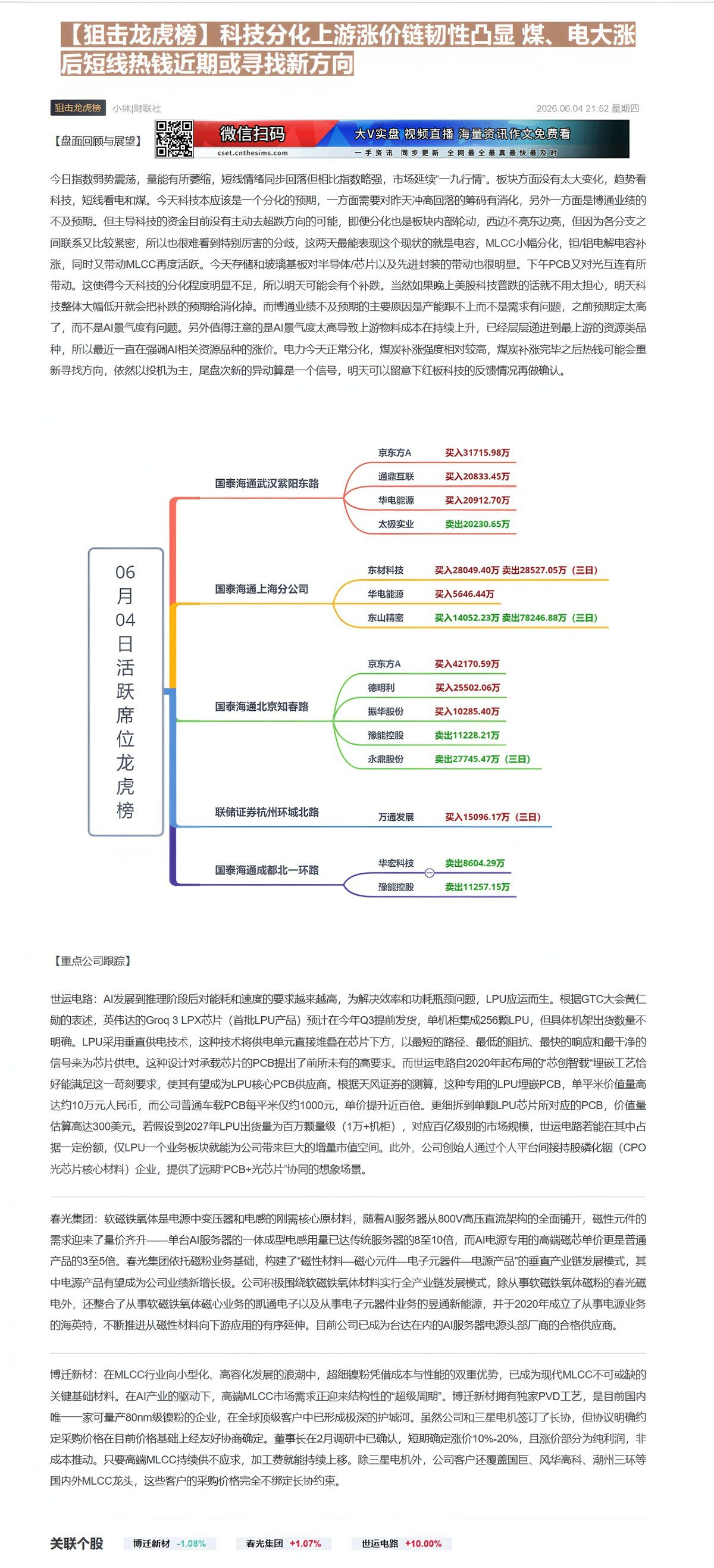 【财联VIP专栏】【狙击龙虎榜】科技分化上游涨价链韧性凸显 煤、电大涨后短线热钱近期或寻找新方向今日指数弱势震荡，量能有......