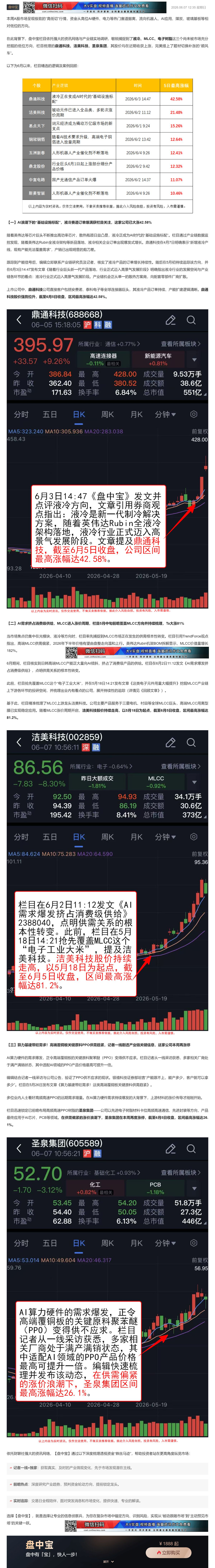 【财联VIP专栏】【盘中宝周回顾】6月市场题材“高低切”！栏目前瞻锁定液冷、MLCC、覆铜板三大潜力主线，Ta们持续大涨......