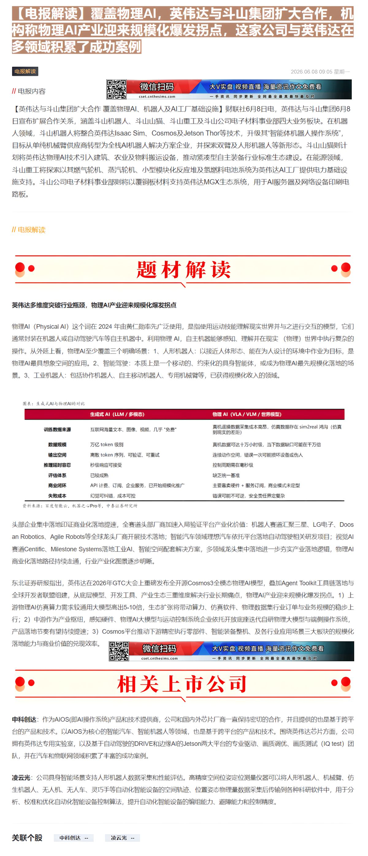 【财联VIP专栏】【电报解读】覆盖物理AI，英伟达与斗山集团扩大合作，机构称物理AI产业迎来规模化爆发拐点，这家公司与英......