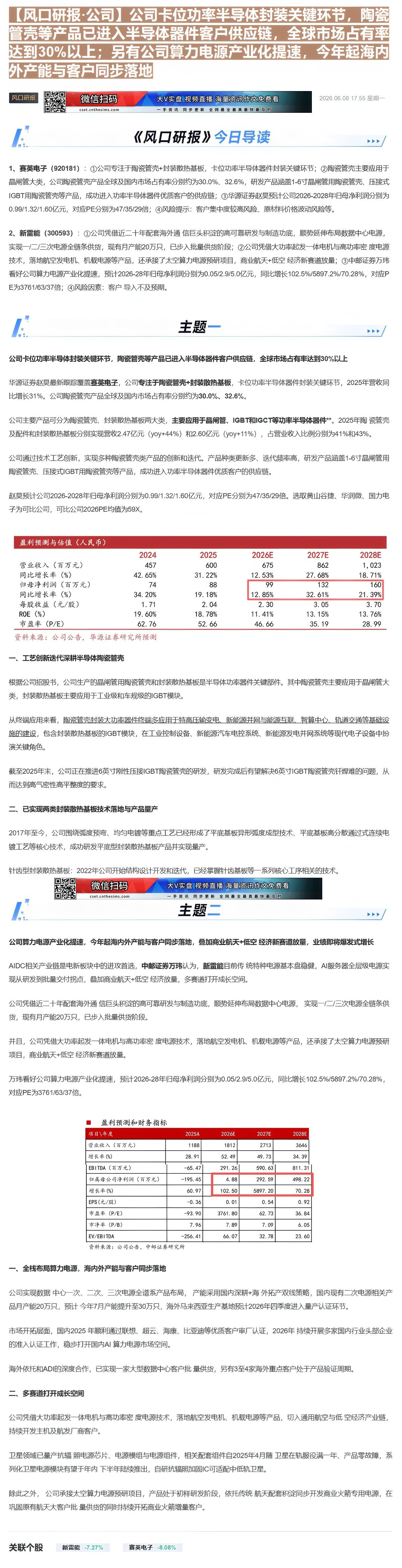 【财联VIP专栏】【风口研报·公司】公司卡位功率半导体封装关键环节，陶瓷管壳等产品已进入半导体器件客户供应链，全球市场占......