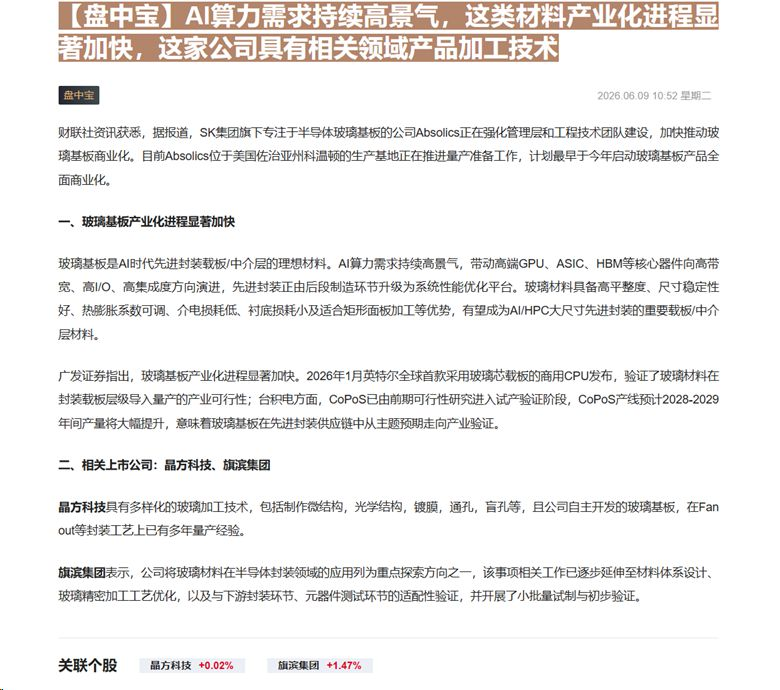 【财联VIP专栏】【盘中宝】AI算力需求持续高景气，这类材料产业化进程显著加快，这家公司具有相关领域产品加工技术AI算力......