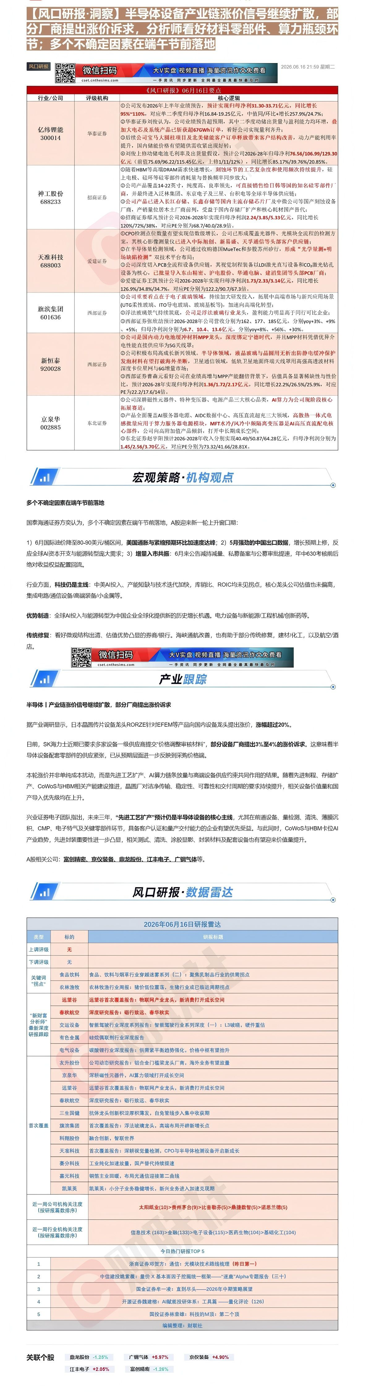 【财联VIP专栏】【风口研报·洞察】半导体设备产业链涨价信号继续扩散，部分厂商提出涨价诉求，分析师看好材料零部件、算力瓶......