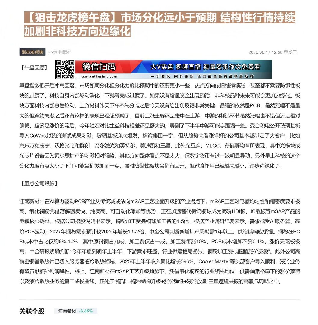 【财联VIP专栏】【狙击龙虎榜午盘】市场分化远小于预期 结构性行情持续加剧非科技方向边缘化早盘指数低开冲高回落，科技如期......
