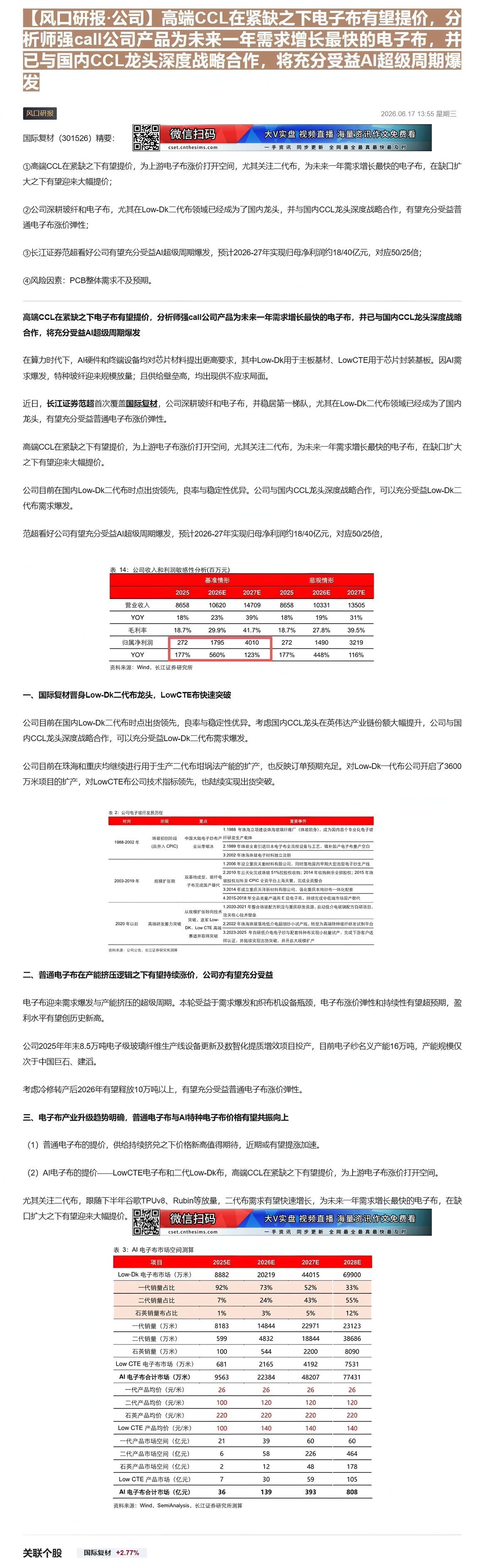 【财联VIP专栏】【风口研报·公司】高端CCL在紧缺之下电子布有望提价，分析师强call公司产品为未来一年需求增长最快的......