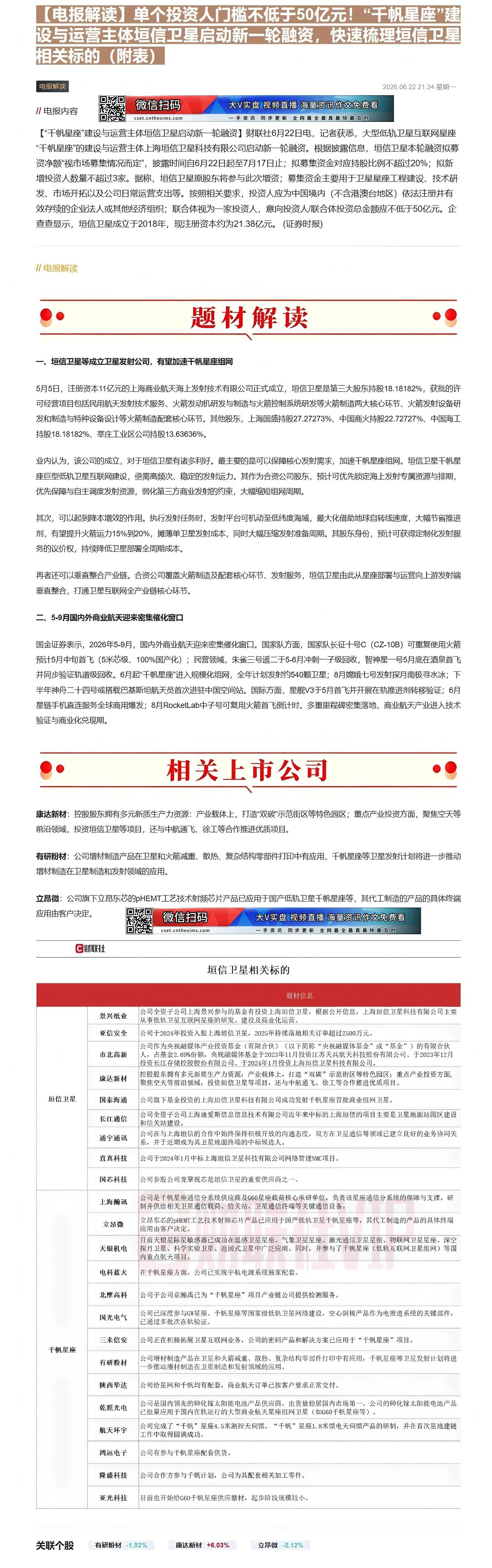 【财联VIP专栏】【电报解读】单个投资人门槛不低于50亿元！“千帆星座”建设与运营主体垣信卫星启动新一轮融资，快速梳理垣......