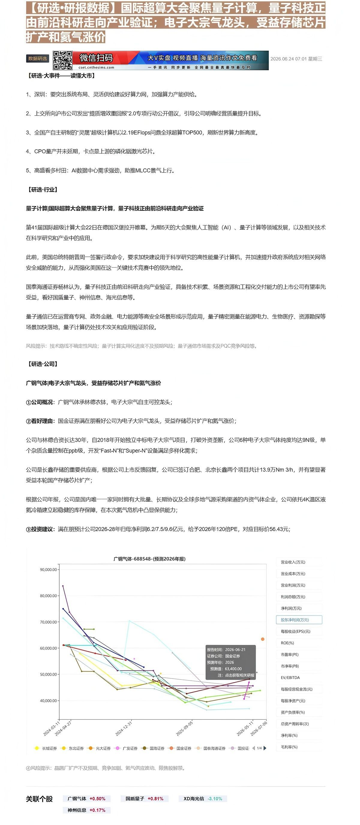 【财联VIP专栏】【研选•研报数据】国际超算大会聚焦量子计算，量子科技正由前沿科研走向产业验证；电子大宗气龙头，受益存储......