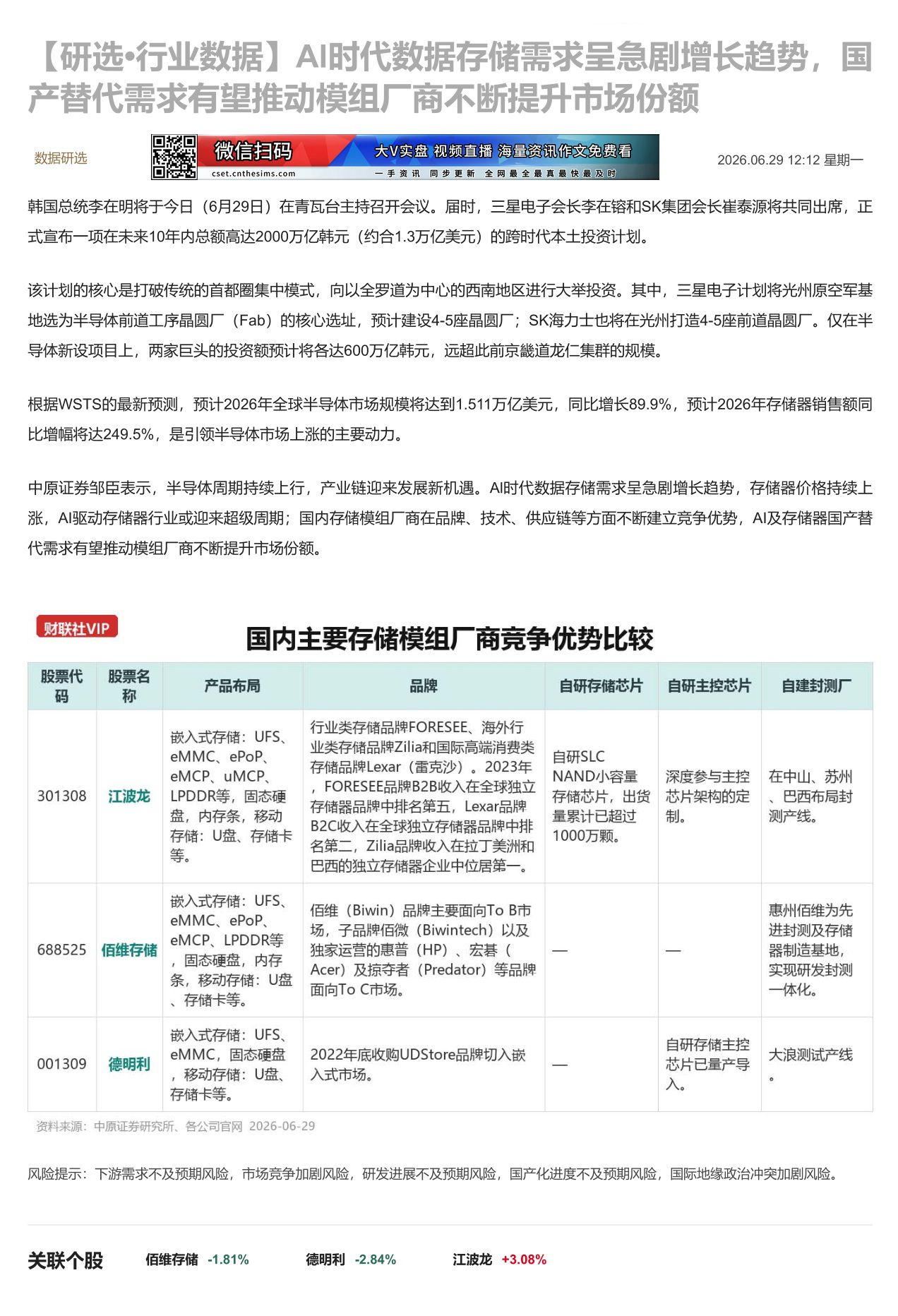 【财联VIP专栏】【研选•行业数据】Al时代数据存储需求呈急剧增长趋势，国产替代需求有望推动模组厂商不断提升市场份额三星......