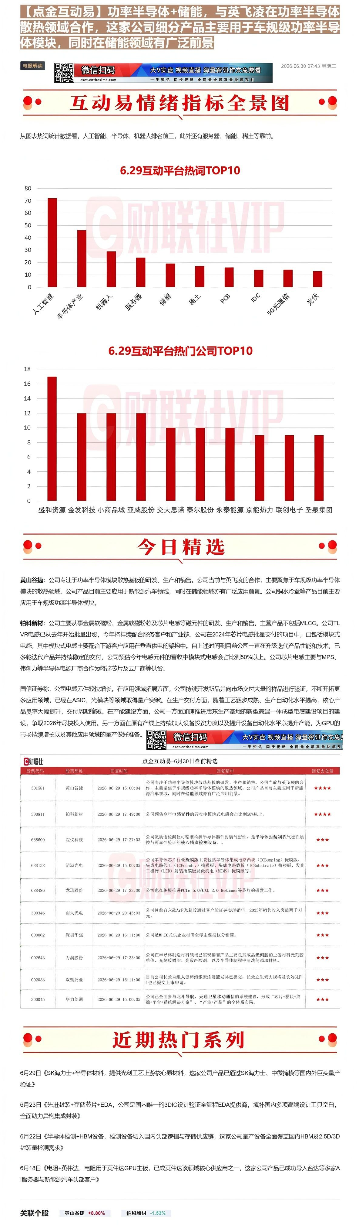 【财联VIP专栏】【点金互动易】功率半导体+储能，与英飞凌在功率半导体散热领域合作，这家公司细分产品主要用于车规级功率半......