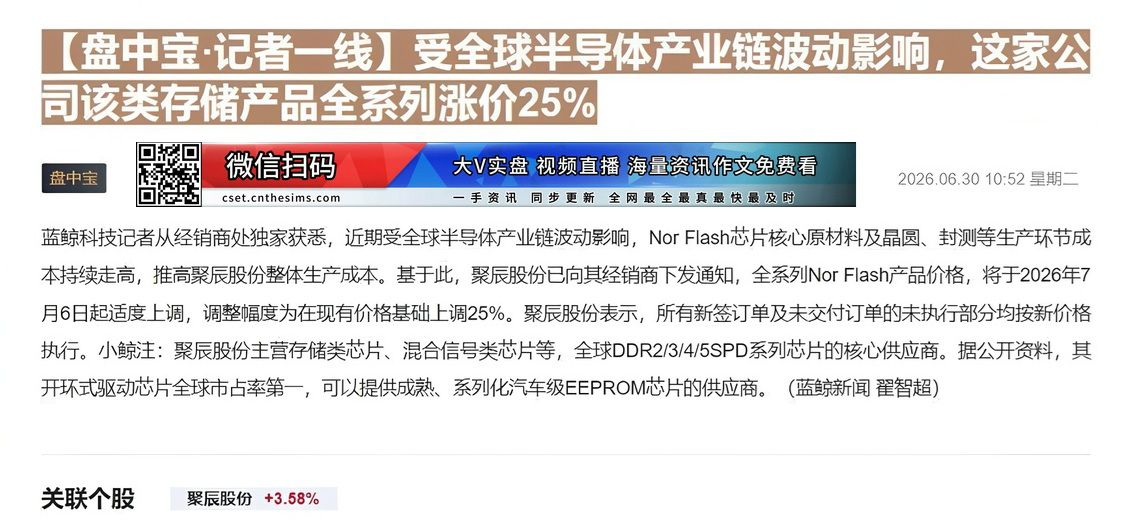 【财联VIP专栏】【盘中宝·记者一线】受全球半导体产业链波动影响，这家公司该类存储产品全系列涨价25%记者获悉，受全球半......