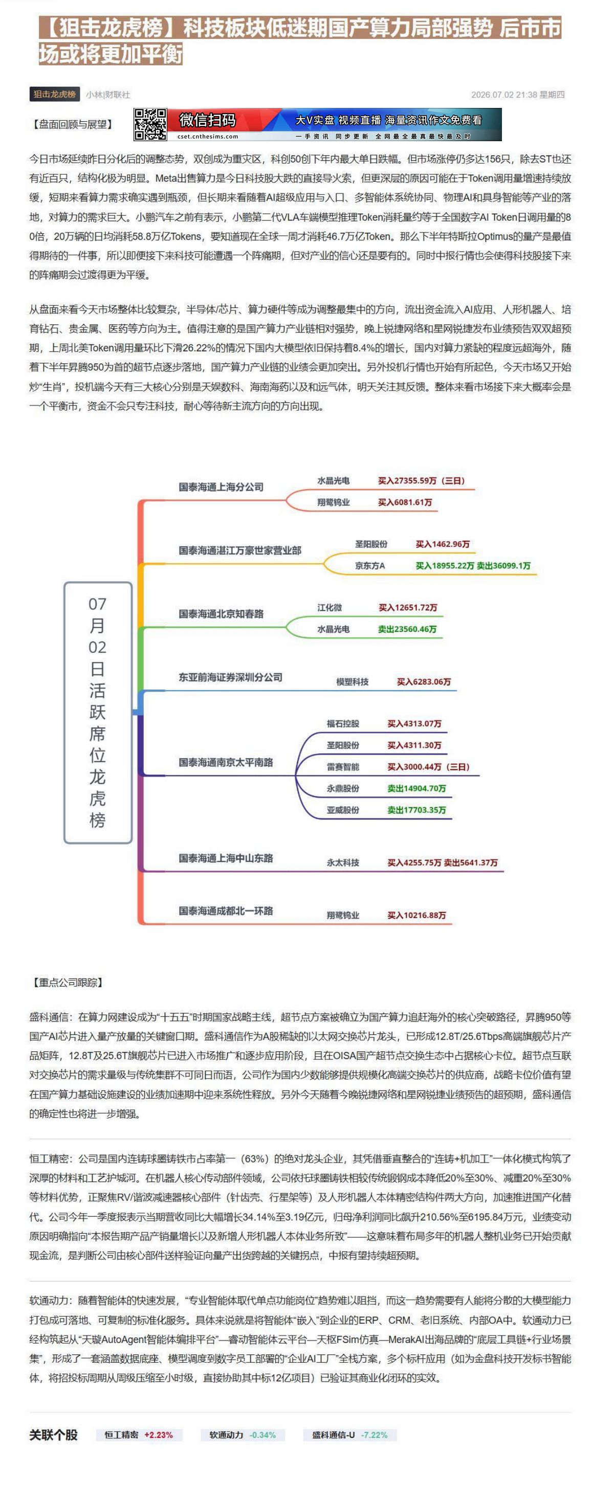 【财联VIP专栏】【狙击龙虎榜】科技板块低迷期国产算力局部强势 后市市场或将更加平衡今日指数延续分化调整，双创领跌，科创......