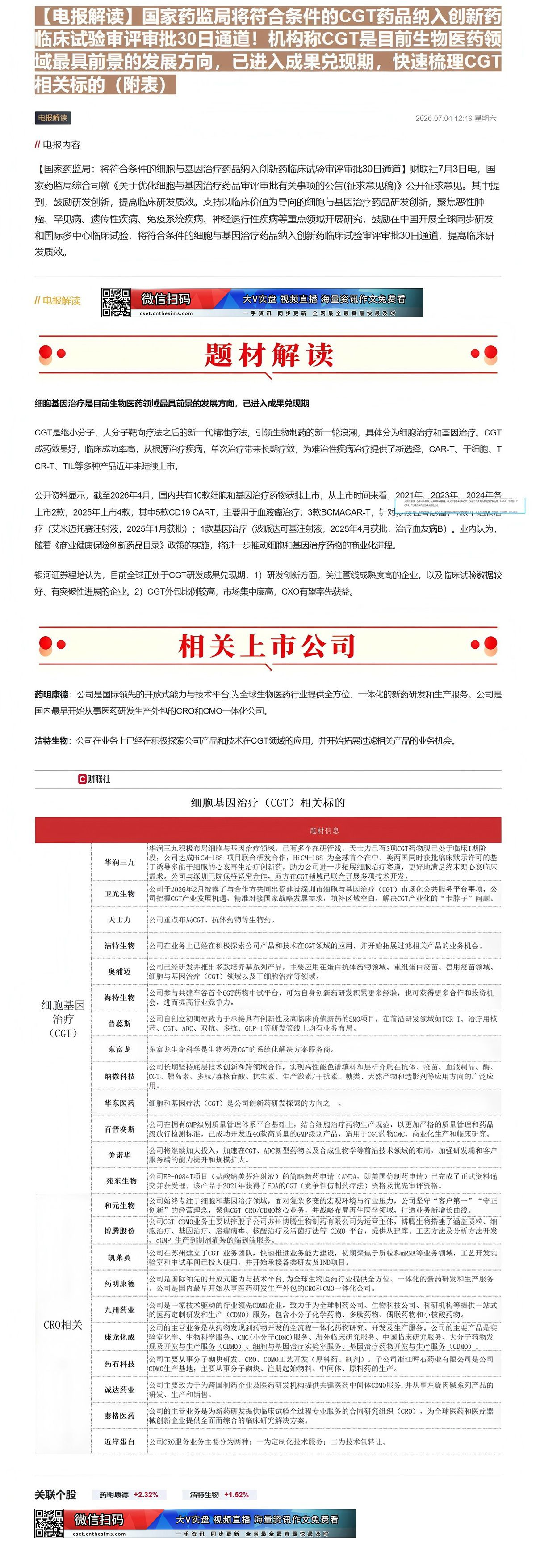 【财联VIP专栏】【电报解读】国家药监局将符合条件的CGT药品纳入创新药临床试验审评审批30日通道！机构称CGT是目前生......