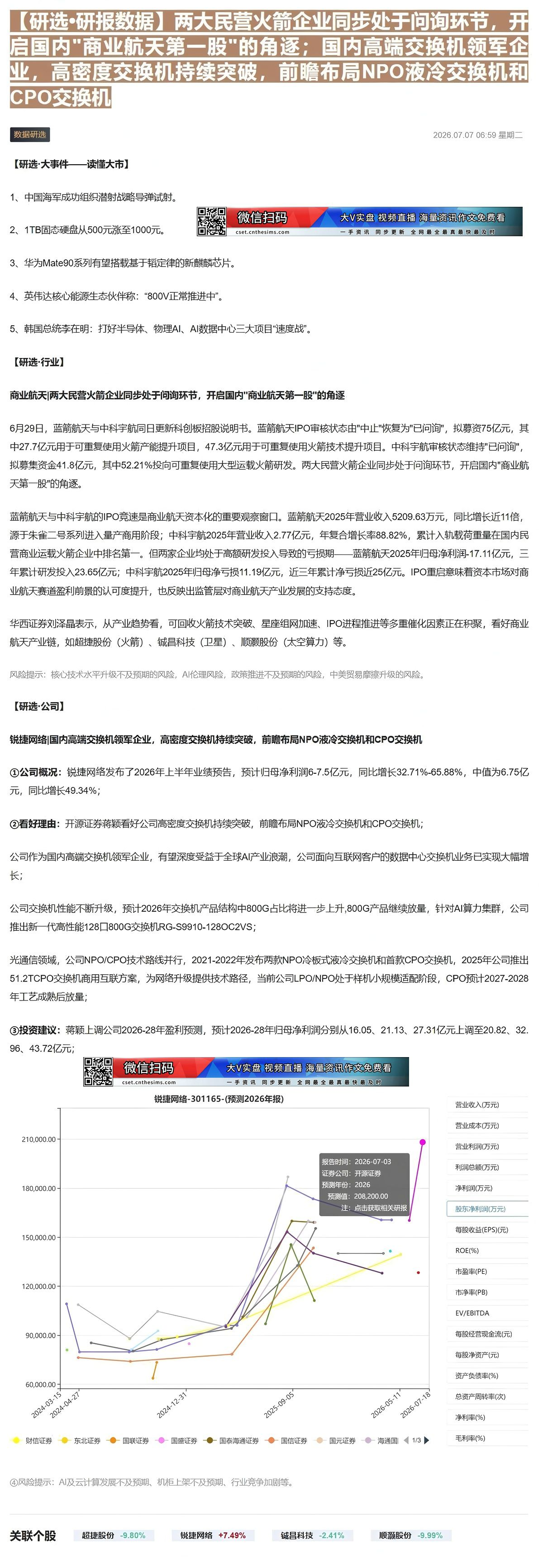 【财联VIP专栏】【研选•研报数据】两大民营火箭企业同步处于问询环节，开启国内"商业航天第一股"的角逐；国内高端交换机领......