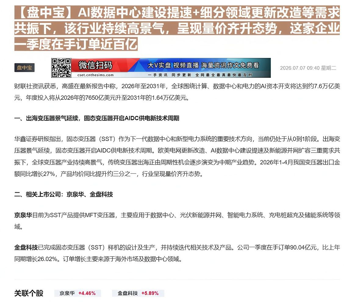 【财联VIP专栏】【盘中宝】AI数据中心建设提速+细分领域更新改造等需求共振下，该行业持续高景气，呈现量价齐升态势，这家......