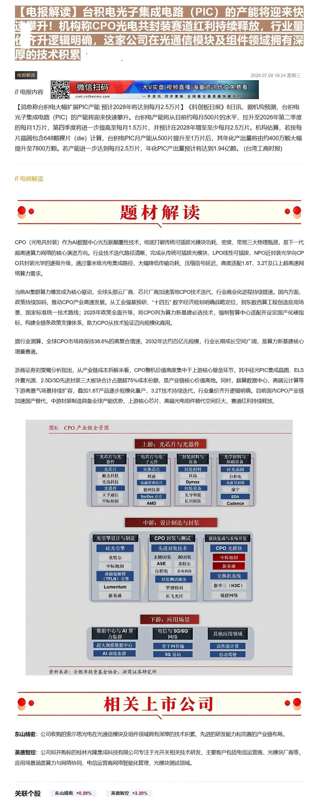 【财联VIP专栏】【电报解读】台积电光子集成电路（PIC）的产能将迎来快速攀升！机构称CPO光电共封装赛道红利持续释放，......