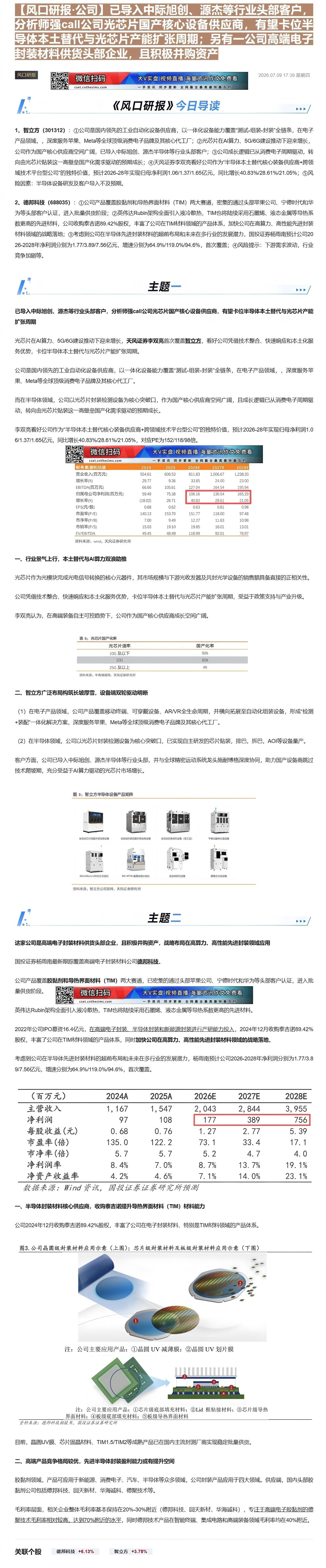 【财联VIP专栏】【风口研报·公司】已导入中际旭创、源杰等行业头部客户，分析师强call公司光芯片国产核心设备供应商，有......