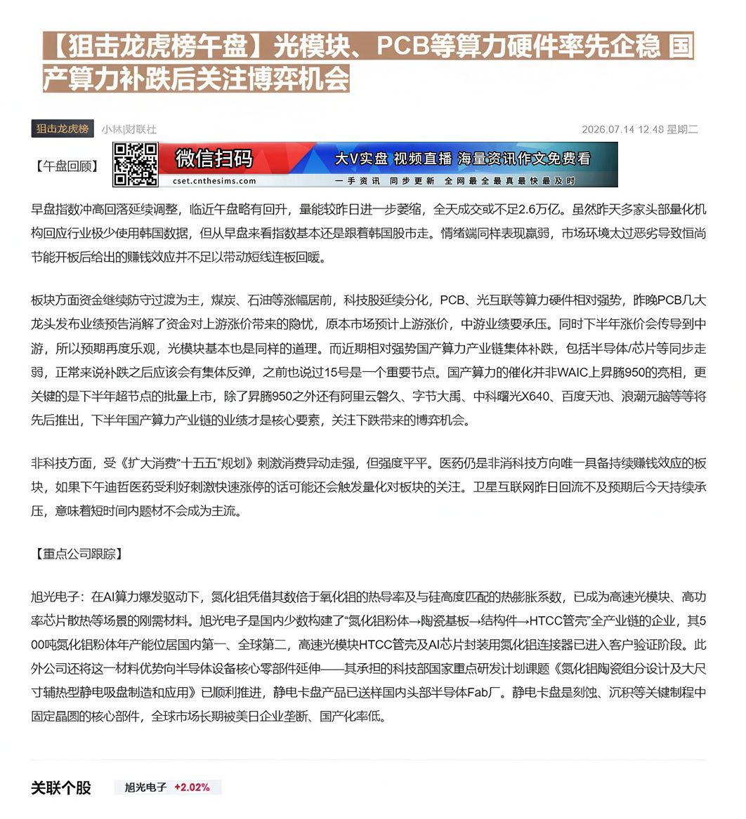 【财联VIP专栏】【狙击龙虎榜午盘】光模块、PCB等算力硬件率先企稳 国产算力补跌后关注博弈机会氮化铝凭借其数倍于氧化铝......