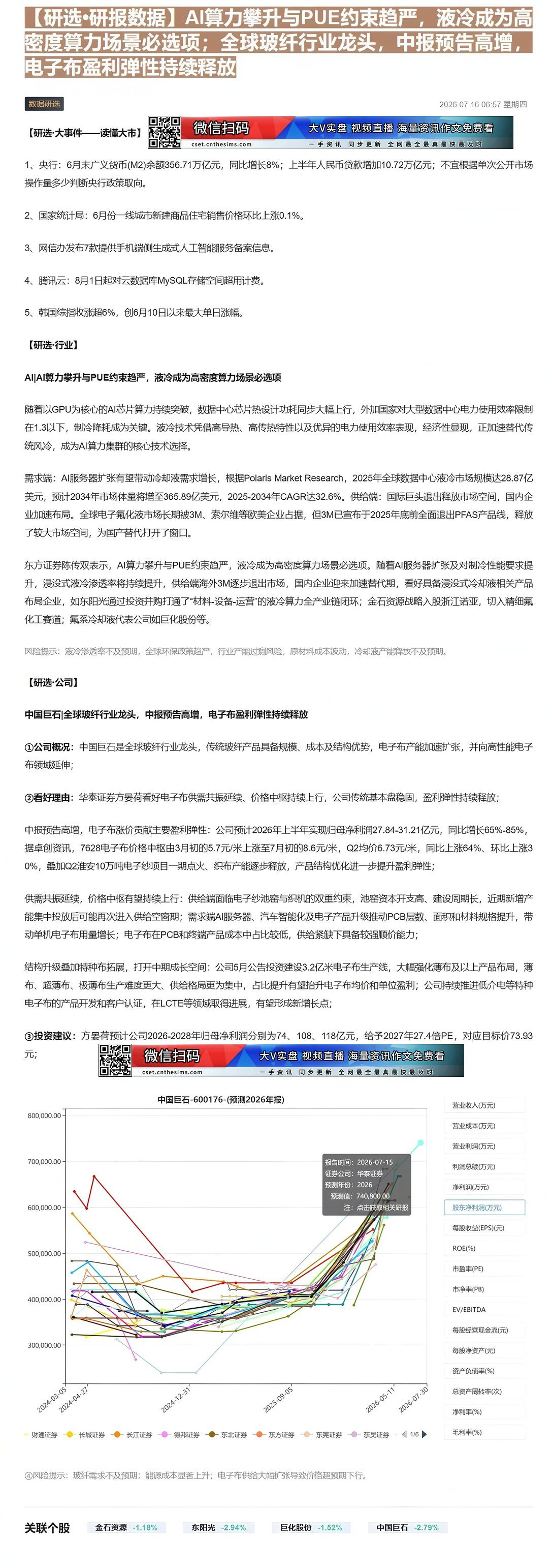 【财联VIP专栏】【研选•研报数据】AI算力攀升与PUE约束趋严，液冷成为高密度算力场景必选项；全球玻纤行业龙头，中报预......