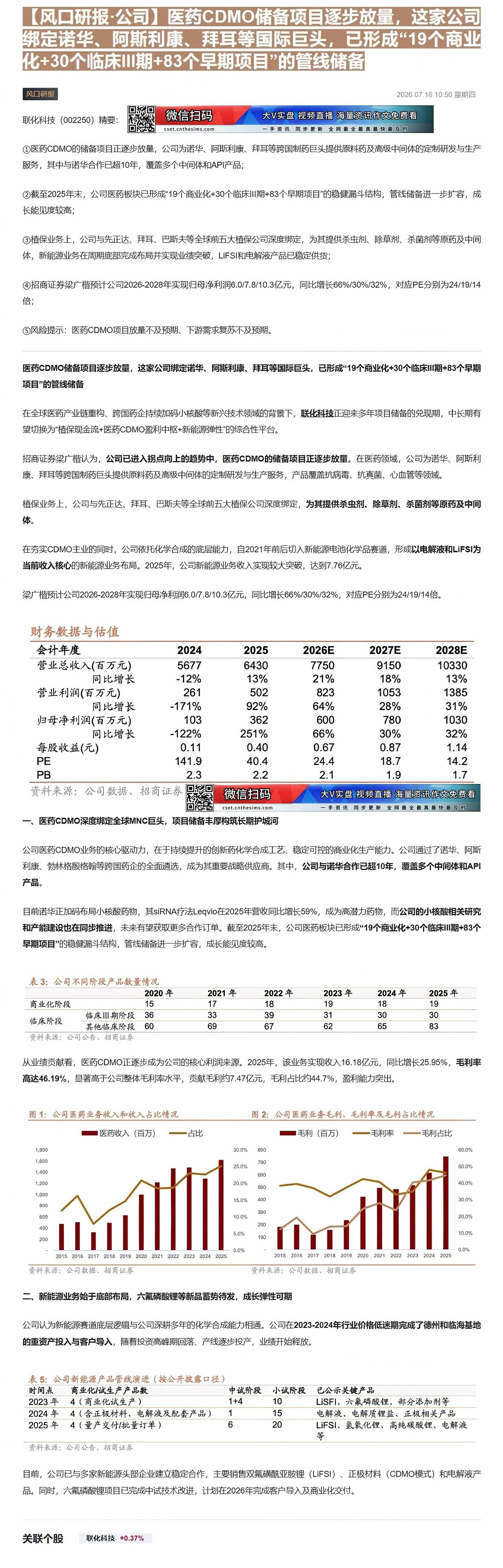 【财联VIP专栏】【风口研报·公司】医药CDMO储备项目逐步放量，这家公司绑定诺华、阿斯利康、拜耳等国际巨头，已形成“1......