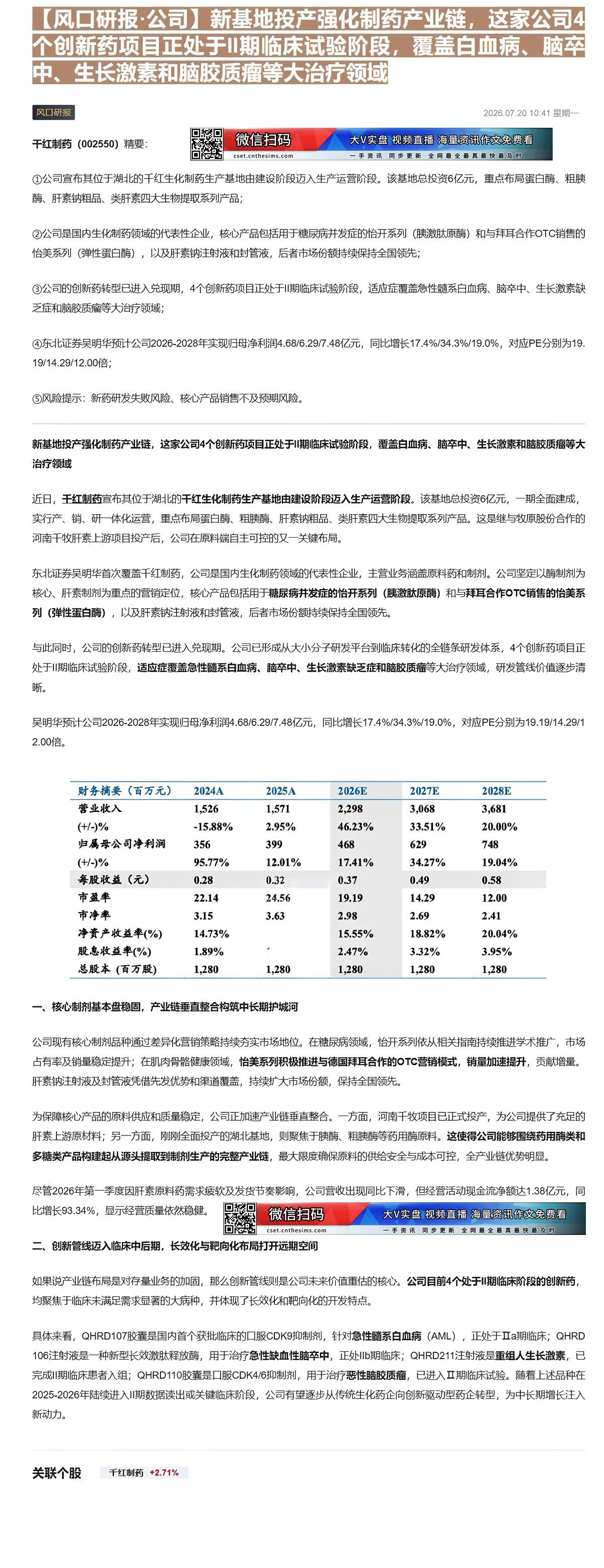 【财联VIP专栏】【风口研报·公司】新基地投产强化制药产业链，这家公司4个创新药项目正处于II期临床试验阶段，覆盖白血病......
