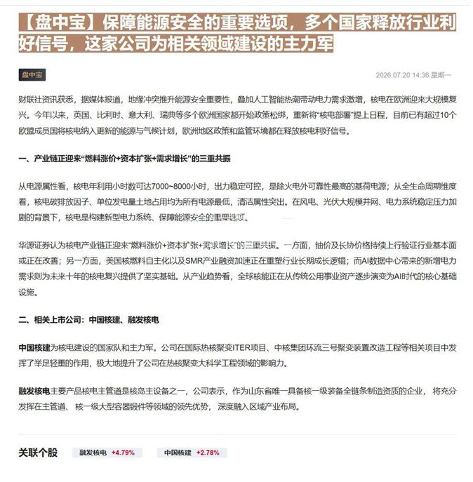 【财联VIP专栏】【盘中宝】保障能源安全的重要选项，多个国家释放行业利好信号，这家公司为相关领域建设的主力军多个国家释放......