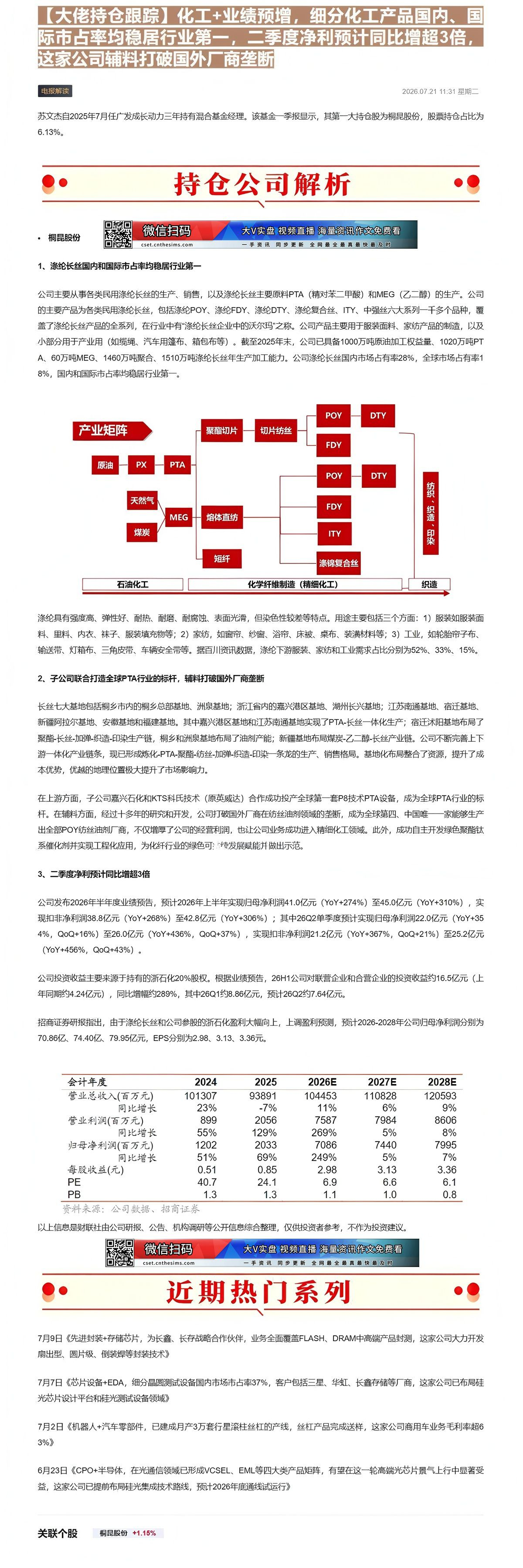 【财联VIP专栏】【大佬持仓跟踪】化工+业绩预增，细分化工产品国内、国际市占率均稳居行业第一，二季度净利预计同比增超3倍......