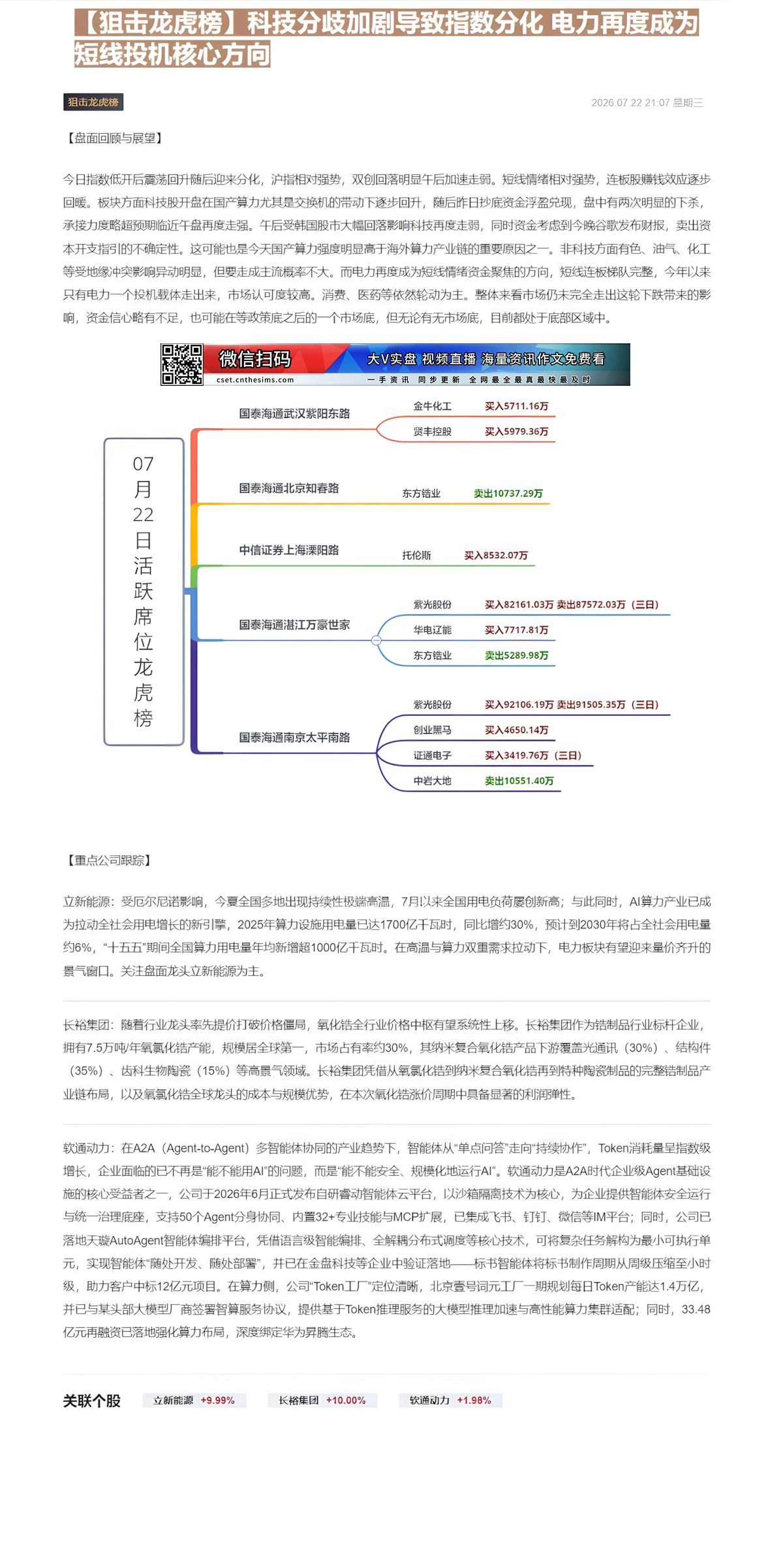 【财联VIP专栏】【狙击龙虎榜】科技分歧加剧导致指数分化 电力再度成为短线投机核心方向①7月以来全国用电负荷屡创新高，在......
