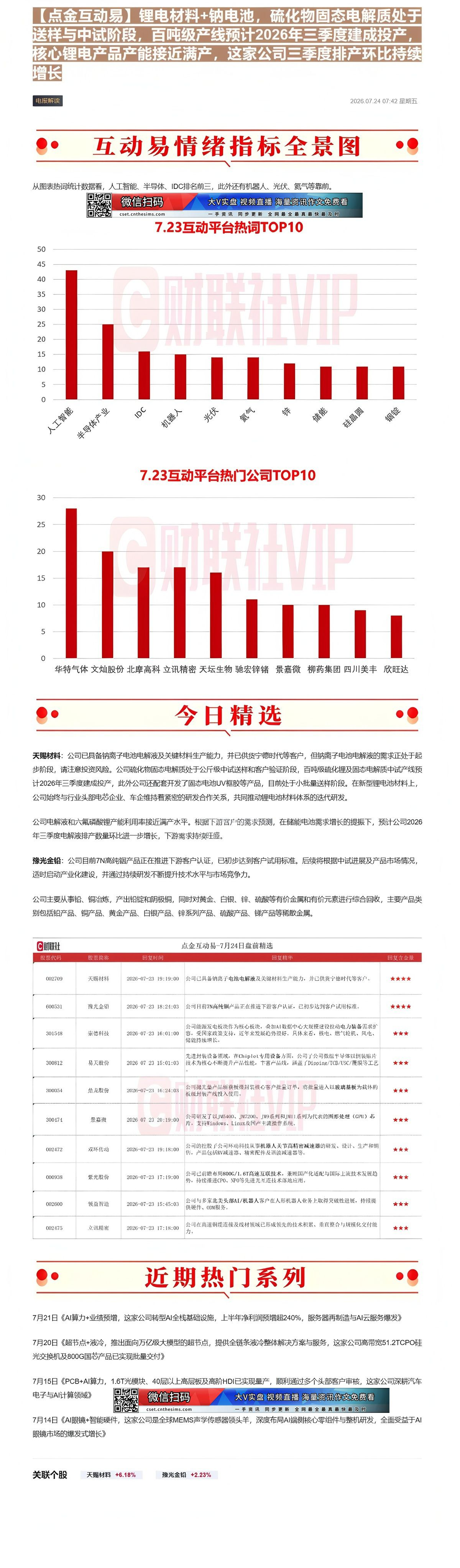 【财联VIP专栏】【点金互动易】锂电材料+钠电池，硫化物固态电解质处于送样与中试阶段，百吨级产线预计2026年三季度建成......