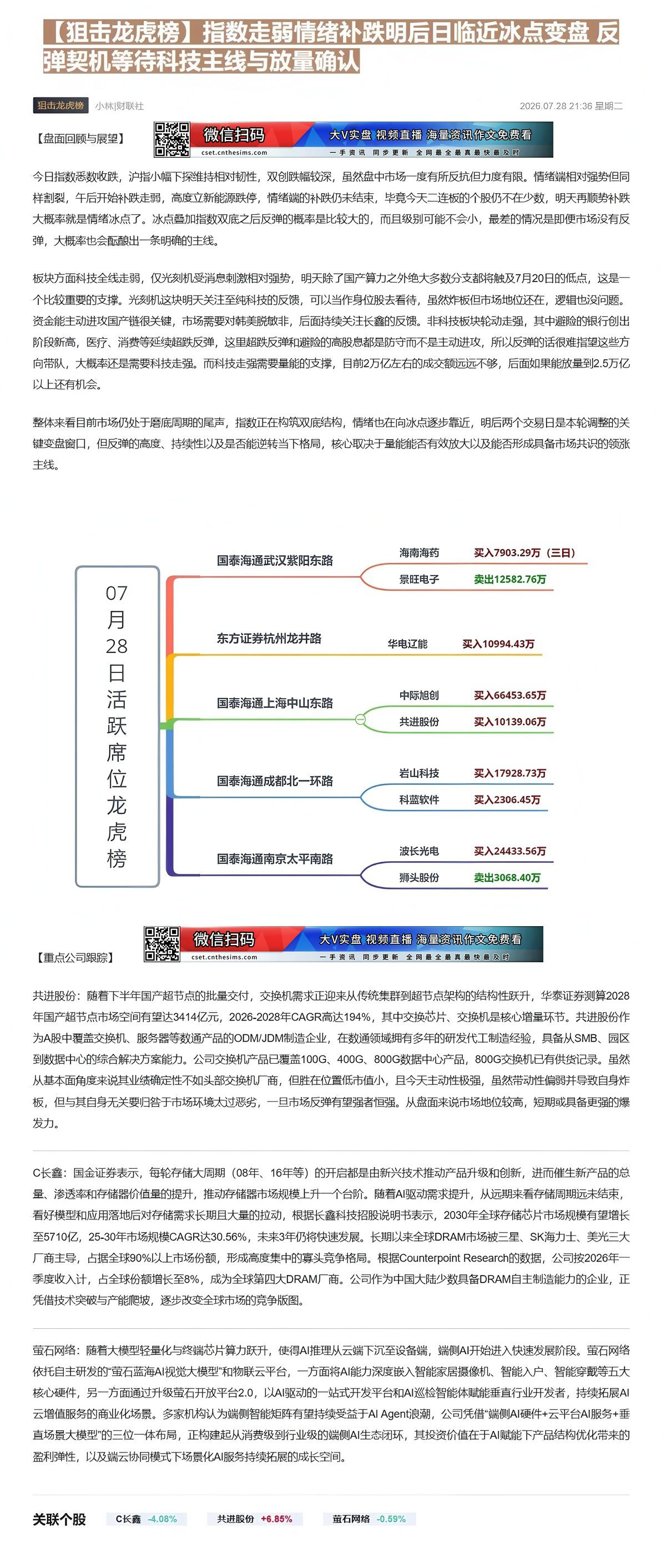 【财联VIP专栏】【狙击龙虎榜】指数走弱情绪补跌明后日临近冰点变盘 反弹契机等待科技主线与放量确认①下半年国产超节点的批......