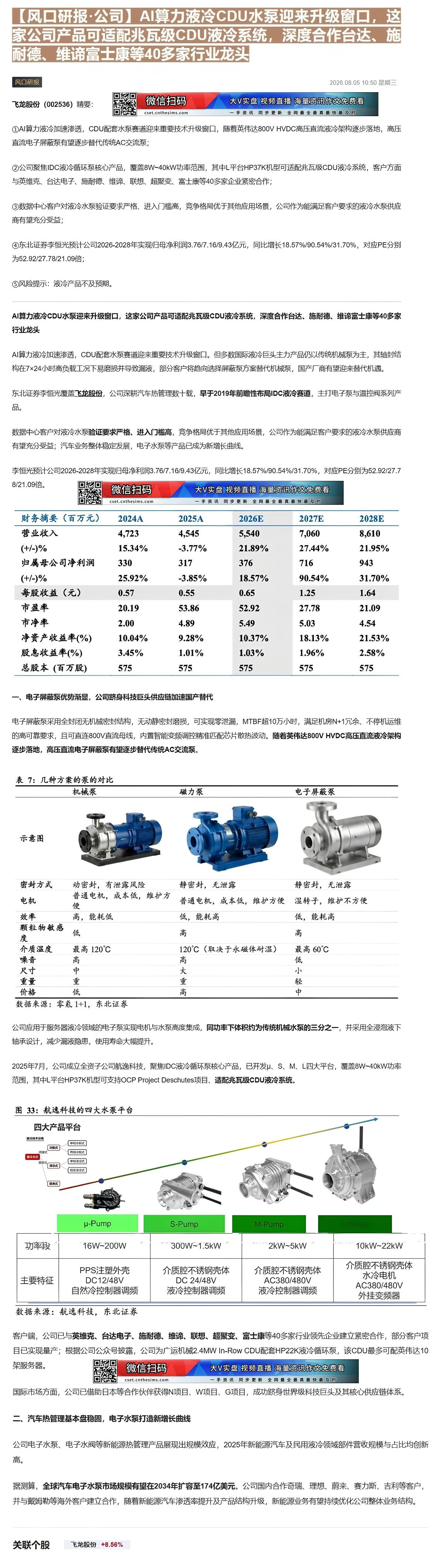 【财联VIP专栏】【风口研报·公司】AI算力液冷CDU水泵迎来升级窗口，这家公司产品可适配兆瓦级CDU液冷系统，深度合作......