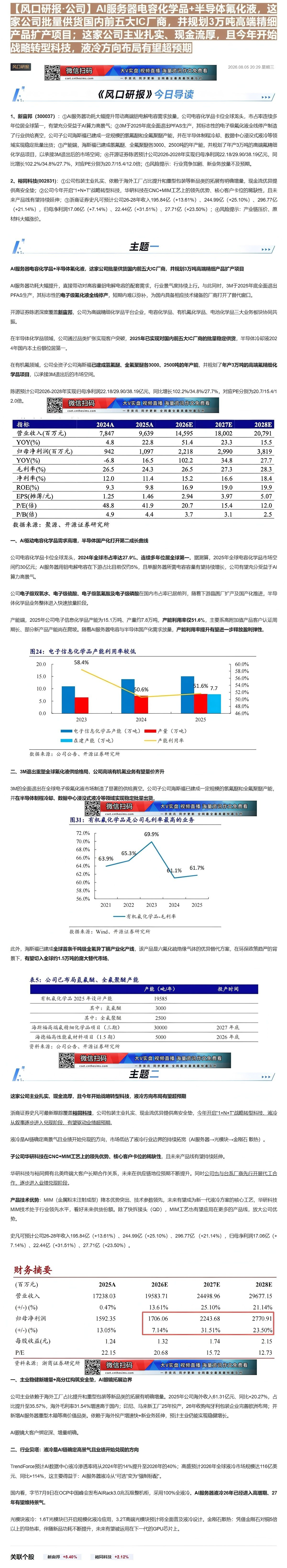 【财联VIP专栏】【风口研报·公司】AI服务器电容化学品+半导体氟化液，这家公司批量供货国内前五大IC厂商，并规划3万吨......