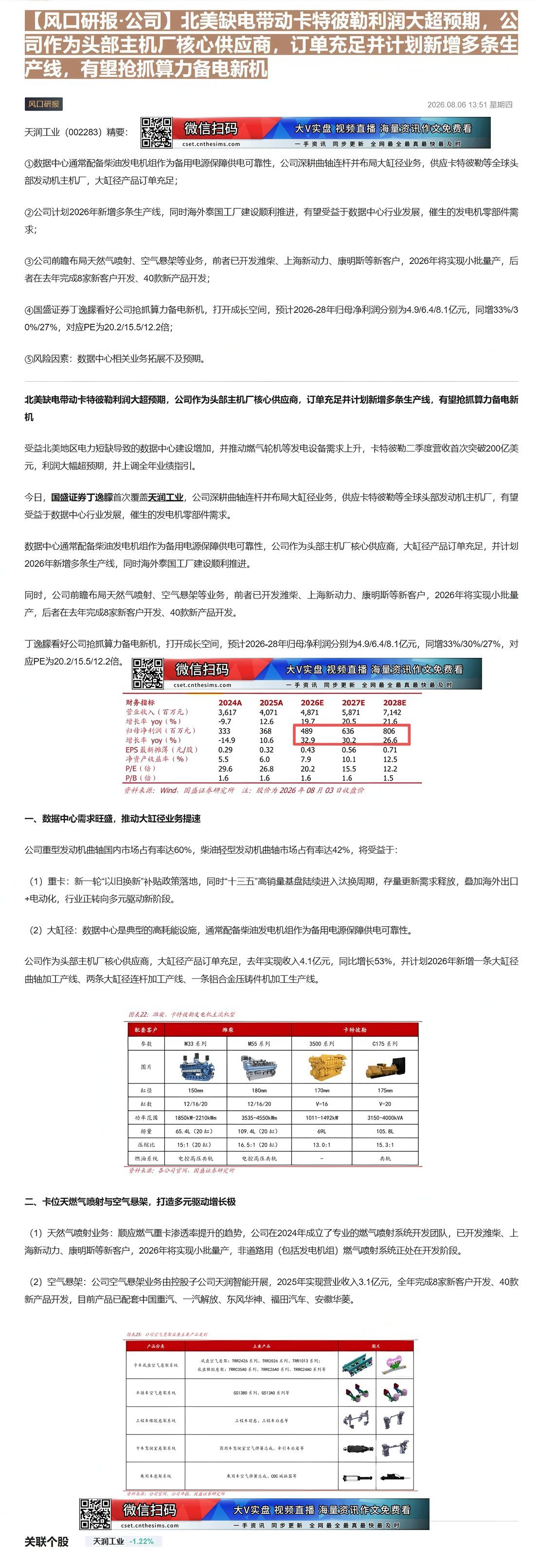 【财联VIP专栏】【风口研报·公司】北美缺电带动卡特彼勒利润大超预期，公司作为头部主机厂核心供应商，订单充足并计划新增多......