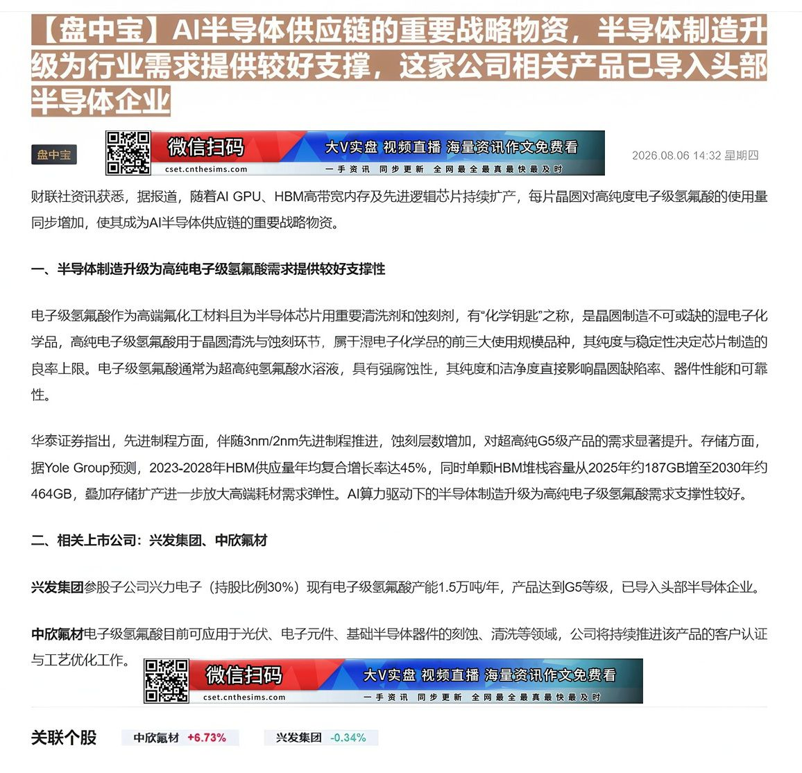 【财联VIP专栏】【盘中宝】AI半导体供应链的重要战略物资，半导体制造升级为行业需求提供较好支撑，这家公司相关产品已导入......