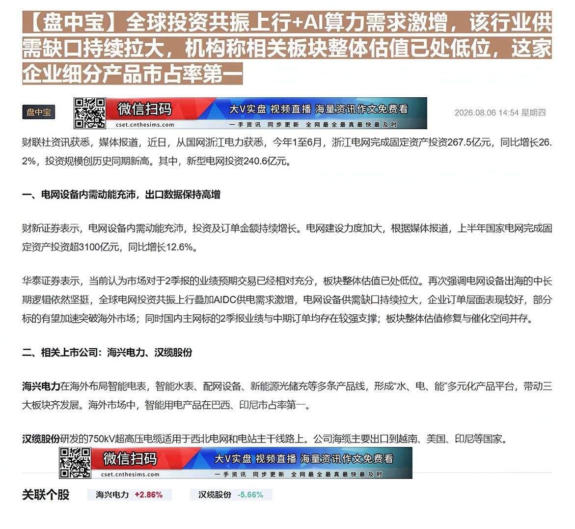 【财联VIP专栏】【盘中宝】全球投资共振上行+AI算力需求激增，该行业供需缺口持续拉大，机构称相关板块整体估值已处低位，......