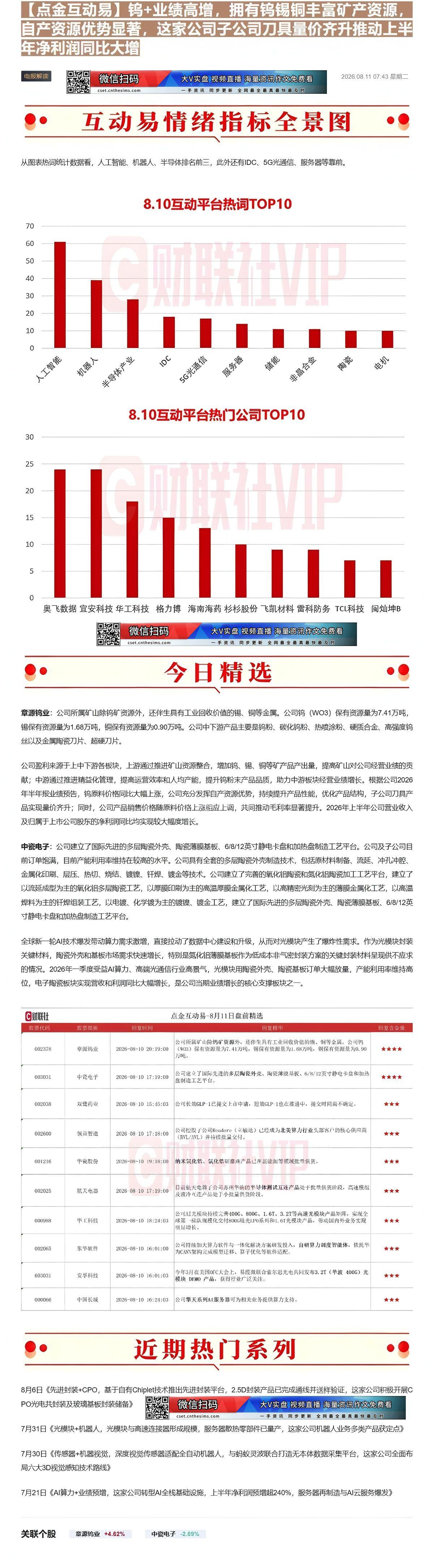 【财联VIP专栏】【点金互动易】钨+业绩高增，拥有钨锡铜丰富矿产资源，自产资源优势显著，这家公司子公司刀具量价齐升推动上......