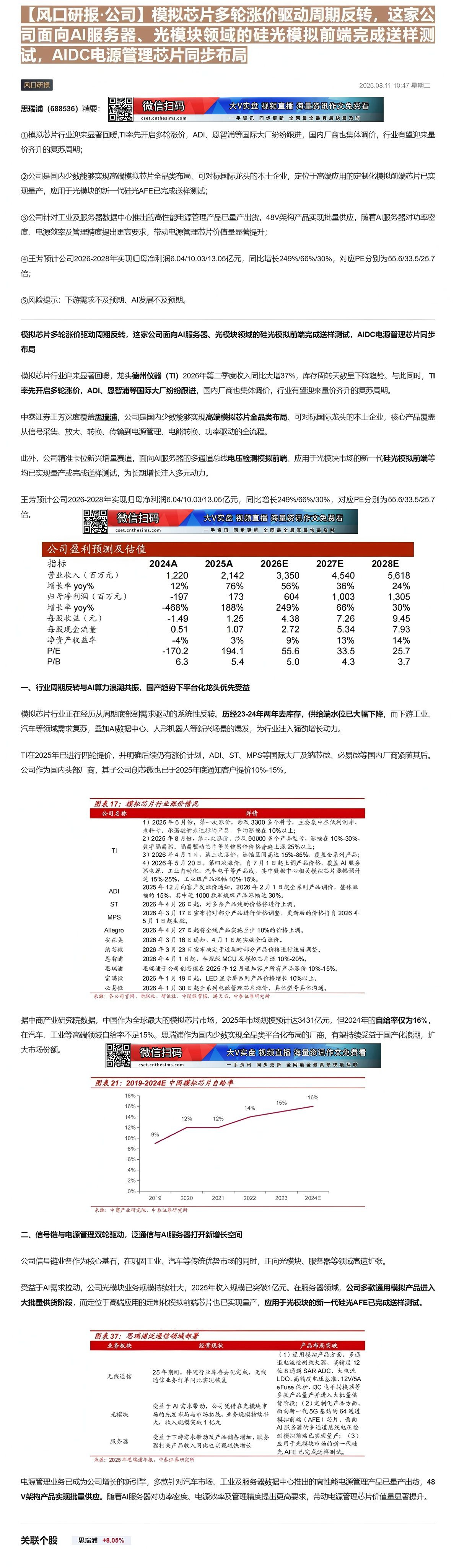 【财联VIP专栏】【风口研报·公司】模拟芯片多轮涨价驱动周期反转，这家公司面向AI服务器、光模块领域的硅光模拟前端完成送......