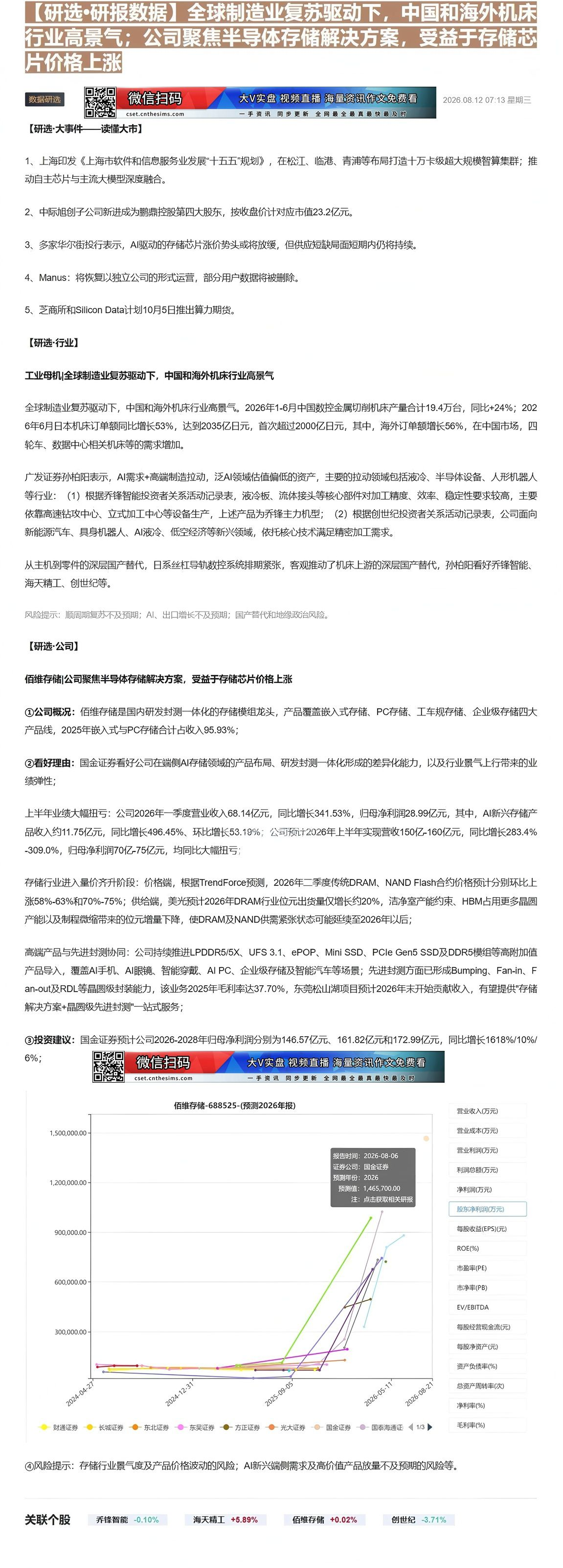 【财联VIP专栏】【研选•研报数据】全球制造业复苏驱动下，中国和海外机床行业高景气；公司聚焦半导体存储解决方案，受益于存......