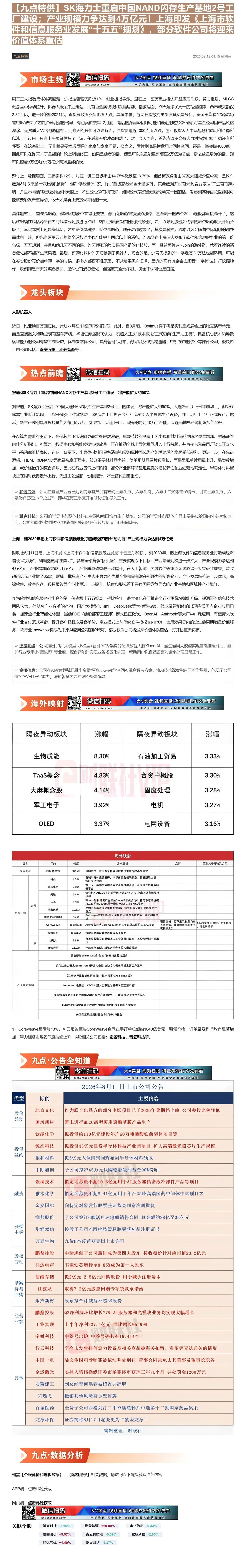 【财联VIP专栏】【九点特供】SK海力士重启中国NAND闪存生产基地2号工厂建设；产业规模力争达到4万亿元！上海印发《上......